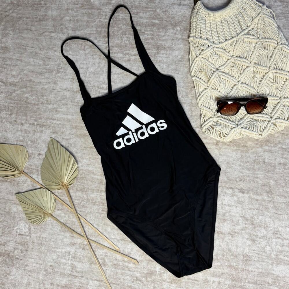 Adidas Black Adjustable Tie Back Women's One-piece Swimsuit with Logo